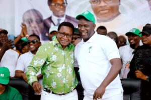 Chairman Jimmy Batilo Songa addressing SLPP supporters during the party’s leadership handover event on October 18, 2025.