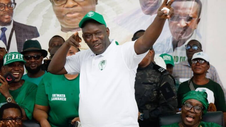 Chairman Jimmy Batilo Songa addressing SLPP supporters during the party’s leadership handover event on October 18, 2025.